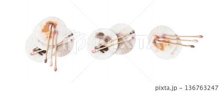 Dirty Cotton Pads and Swabs Isolated, Makeup Removal, Used Cotton Disks after Makeup Cleansing 136763247