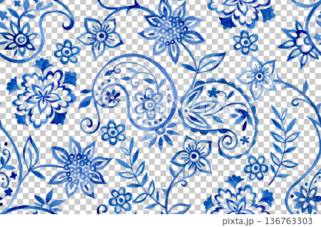 Seamless print of oriental floral and paisley ornaments. Blue watercolor pattern 136763303