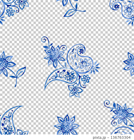 Seamless print of oriental floral and paisley ornaments. Blue watercolor pattern Seamless print of oriental floral and paisley ornaments. Blue watercolor pattern 136763304