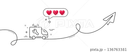 Spanner tool line icon. Continuous line with share plane. Car repair service sign. Fix instruments symbol. Hearts rate review in speech bubble. Car service single line ribbon. Vector 136763381