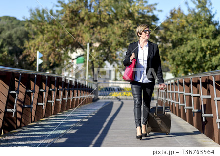 Businesswoman with suitcase walking on bridge Businesswoman with suitcase walking on bridge 136763564