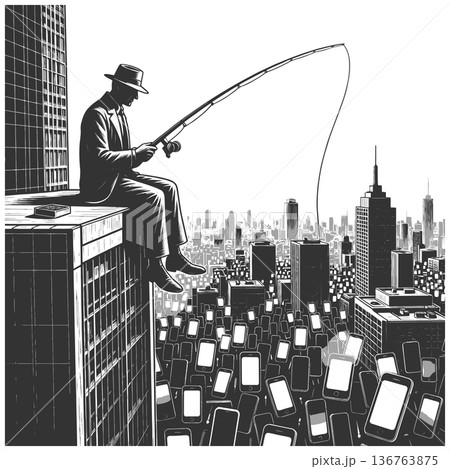 Man Fishing Attention in Smartphone City vector 136763875