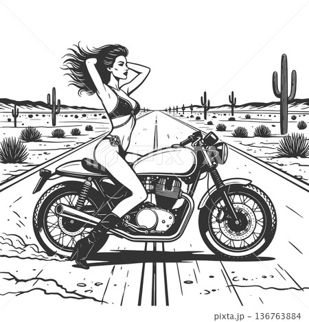Bikini-clad woman riding motorcycle through desert 136763884