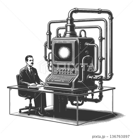 Man operating steampunk-style thinking machine Man operating steampunk-style thinking machine 136763897