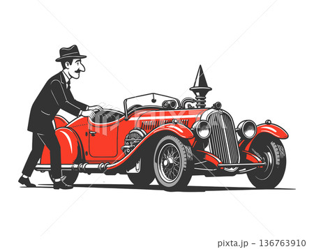 Man Pushing Vintage Red Classic Sports Car 136763910