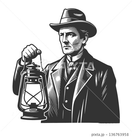 Victorian Gentleman Holding Lantern at Night Victorian Gentleman Holding Lantern at Night 136763958