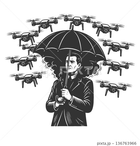 Man Shielding from Surveillance Drones Umbrella Man Shielding from Surveillance Drones Umbrella 136763966