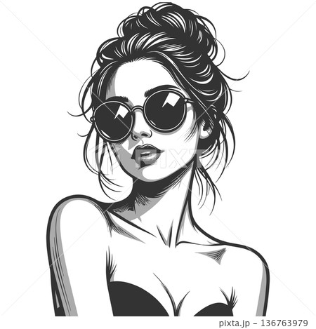 Woman with Round Sunglasses engraving raster Woman with Round Sunglasses engraving raster 136763979