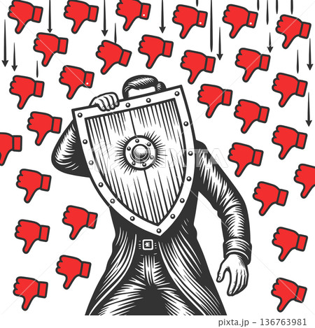 Man Shielding from Online Dislikes Shield vector Man Shielding from Online Dislikes Shield vector 136763981