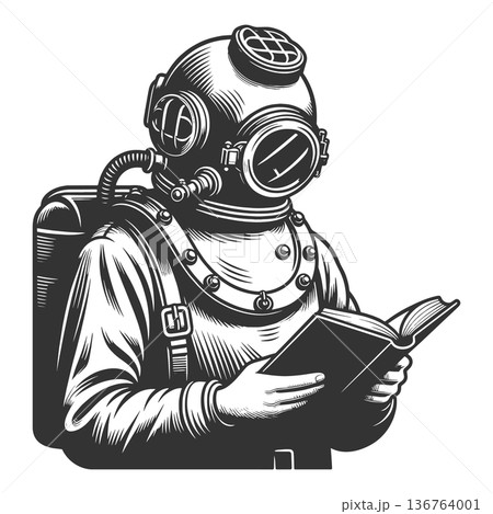 Vintage Deep Sea Diver Reading Book vector Vintage Deep Sea Diver Reading Book vector 136764001