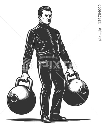 Athletic Man Lifting Heavy Kettlebells vector 136764009