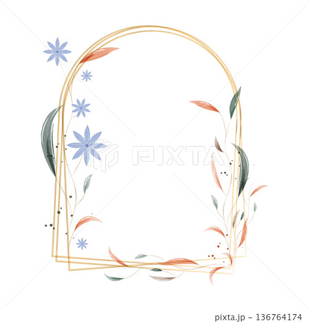 Golden arched frame features delicate watercolor blue flowers and green, red leaves. Elegant floral elements adorn the decorative border on a clean white background, creating a soft design. Golden arched frame features delicate watercolor blue flowers and green, red leaves. Elegant floral elements adorn the decorative border on a clean white background, creating a soft design. 136764174