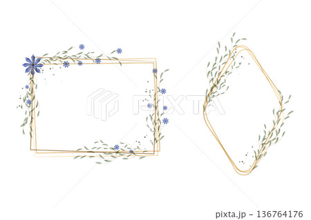 Two beautiful watercolor frames are displayed. A rectangular gold frame features blue flowers and green leaves. A diamond gold frame showcases delicate green foliage. Two beautiful watercolor frames are displayed. A rectangular gold frame features blue flowers and green leaves. A diamond gold frame showcases delicate green foliage. 136764176
