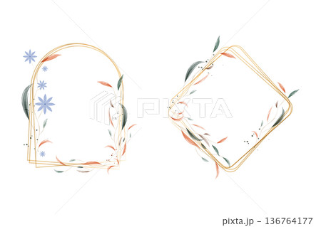 Two elegant watercolor frames decorate a plain background. An arched gold frame features blue flowers. Two elegant watercolor frames decorate a plain background. An arched gold frame features blue flowers. 136764177