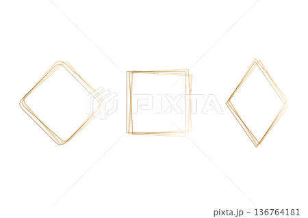 Three golden watercolor frames feature distinct geometric outlines on a clean white background. 136764181