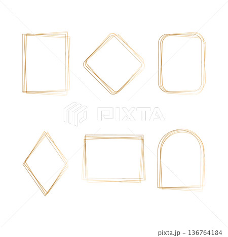 Six delicate golden watercolor style frames showcase various geometric forms. Each frame features a unique shape, including rectangles, rhombuses, and an arch, all set against a clean white backdrop. Six delicate golden watercolor style frames showcase various geometric forms. Each frame features a unique shape, including rectangles, rhombuses, and an arch, all set against a clean white backdrop. 136764184