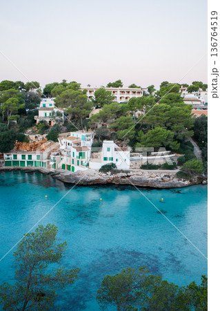 Cala Santanyi bay beach panoramic view early in the morning. Mallorca island in Spain. 136764519