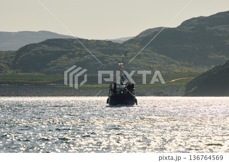 the coast of the Barents Sea, pleasure boats in the sea, the rocky shore with colourful arctic carpet of moss, yagel, Tundra at autumn the coast of the Barents Sea, pleasure boats in the sea, the rocky shore with colourful arctic carpet of moss, yagel, Tundra at autumn 136764569