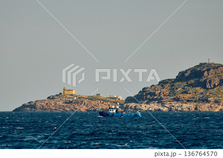 the coast of the Barents Sea, pleasure boats in the sea, the rocky shore with colourful arctic carpet of moss, yagel, Tundra at autumn the coast of the Barents Sea, pleasure boats in the sea, the rocky shore with colourful arctic carpet of moss, yagel, Tundra at autumn 136764570
