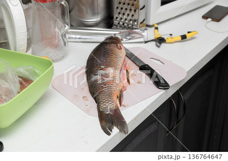 Carp fish and knife on a kitchen table 136764647
