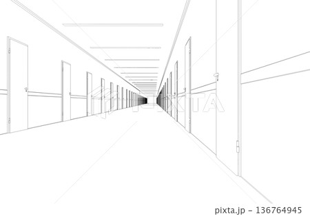 long corridor with doors, contour visualization, 3D illustration, sketch, outline 136764945