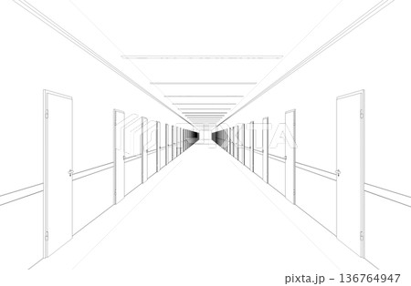 long corridor with doors, contour visualization, 3D illustration, sketch, outline 136764947