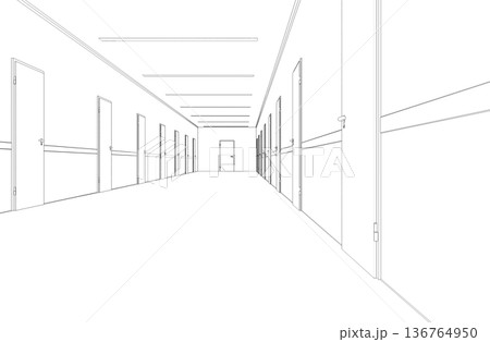 long corridor with doors, contour visualization, 3D illustration, sketch, outline 136764950