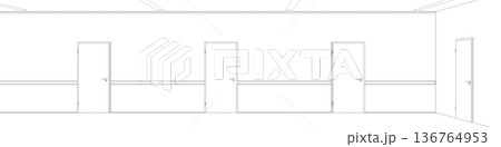 long corridor with doors, contour visualization, 3D illustration, sketch, outline 136764953