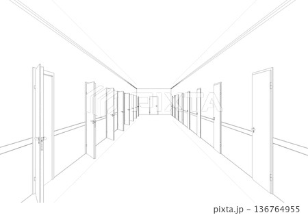 long corridor with doors, contour visualization, 3D illustration, sketch, outline 136764955