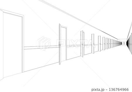 long corridor with doors, contour visualization, 3D illustration, sketch, outline long corridor with doors, contour visualization, 3D illustration, sketch, outline 136764966