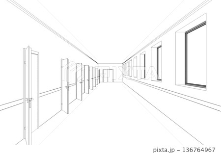 long corridor with doors, contour visualization, 3D illustration, sketch, outline 136764967