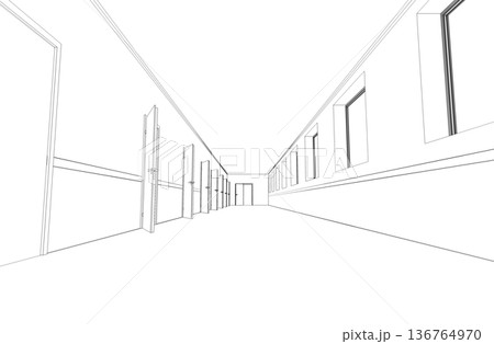 long corridor with doors, contour visualization, 3D illustration, sketch, outline 136764970