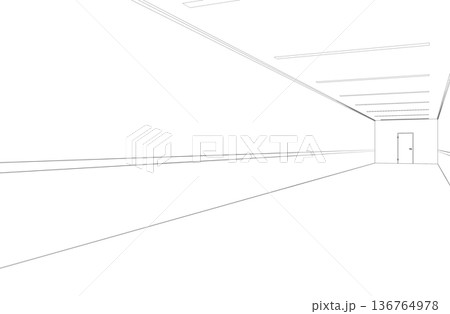 long corridor with doors, contour visualization, 3D illustration, sketch, outline 136764978
