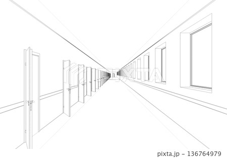 long corridor with doors, contour visualization, 3D illustration, sketch, outline 136764979