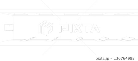 long corridor with doors, contour visualization, 3D illustration, sketch, outline 136764988