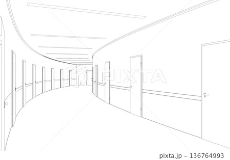 long corridor with doors, contour visualization, 3D illustration, sketch, outline 136764993