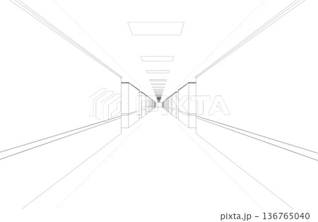 long corridor with doors, contour visualization, 3D illustration, sketch, outline 136765040