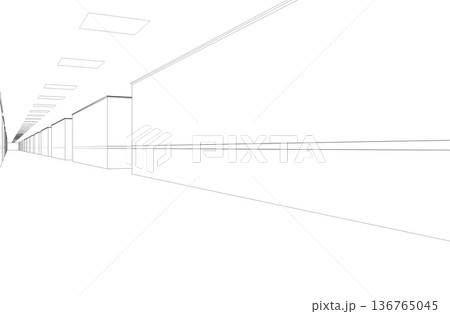 long corridor with doors, contour visualization, 3D illustration, sketch, outline 136765045