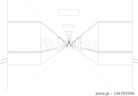 long corridor with doors, contour visualization, 3D illustration, sketch, outline long corridor with doors, contour visualization, 3D illustration, sketch, outline 136765046