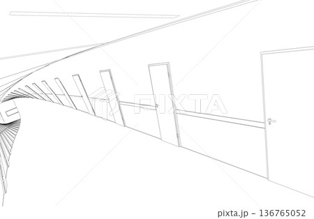 long corridor with doors, contour visualization, 3D illustration, sketch, outline long corridor with doors, contour visualization, 3D illustration, sketch, outline 136765052