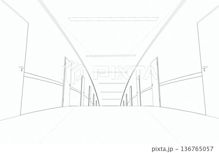 long corridor with doors, contour visualization, 3D illustration, sketch, outline 136765057