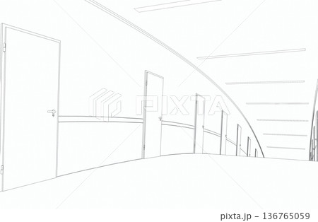long corridor with doors, contour visualization, 3D illustration, sketch, outline 136765059