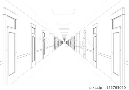 long corridor with doors, contour visualization, 3D illustration, sketch, outline 136765060