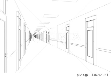 long corridor with doors, contour visualization, 3D illustration, sketch, outline 136765061