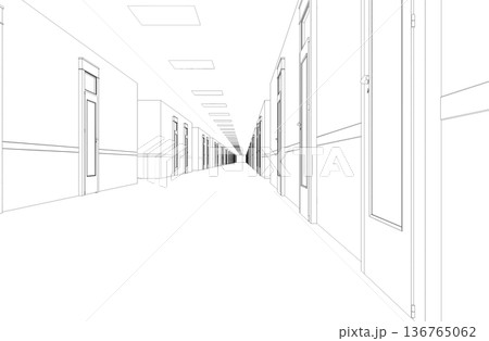 long corridor with doors, contour visualization, 3D illustration, sketch, outline 136765062
