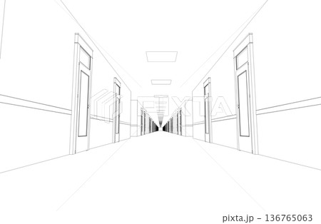 long corridor with doors, contour visualization, 3D illustration, sketch, outline 136765063