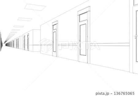 long corridor with doors, contour visualization, 3D illustration, sketch, outline 136765065