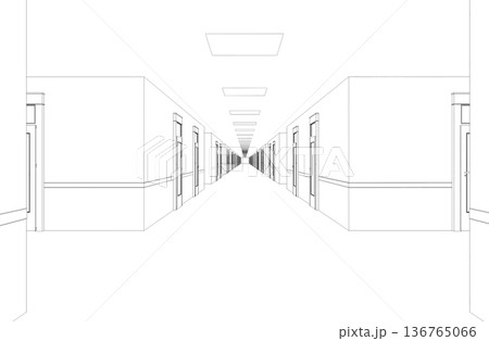 long corridor with doors, contour visualization, 3D illustration, sketch, outline 136765066