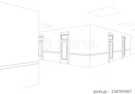 long corridor with doors, contour visualization, 3D illustration, sketch, outline 136765067