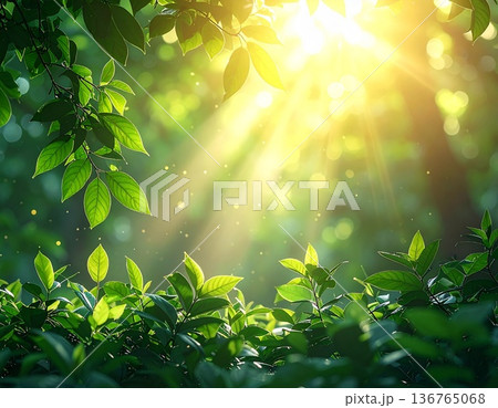 優しい木漏れ日が広がる癒しの自然背景 136765068